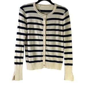 J.Crew Navy Cream Striped Pearl Button Overlay Sweater Size S